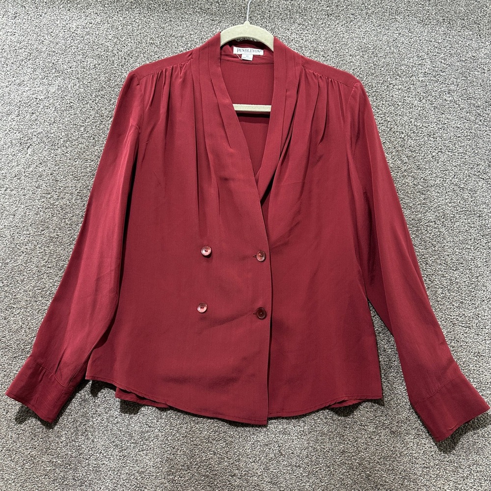 Pendleton Silk Blouse Red Double Breasted Pleated Shawl Collar Women 10 Capsule
